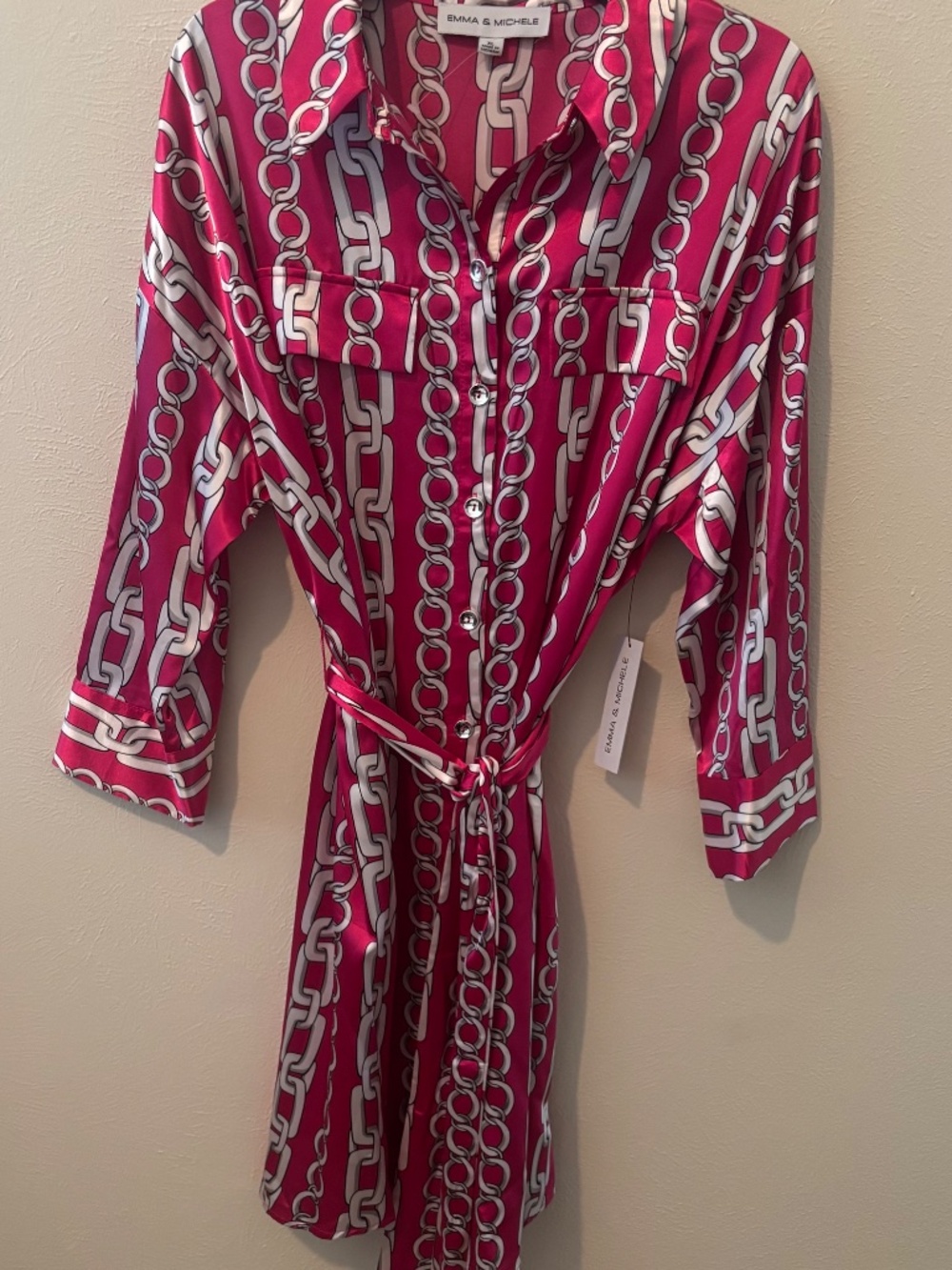Emma & Michele Women's Pink and White Button Down Belted Midi Dress - Size XL